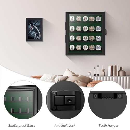 Championship Ring Display Case, Lockable Baseball Ring Holder with 20 Posts, Wooden Shadow Box Wall Mount for Multiple Rings - size: 20 Posts-Rectangle