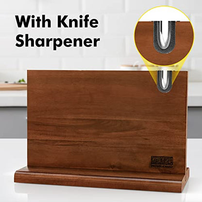 HOSHANHO Magnetic Knife Block 14 x 10 Inches, Double Sided Magnetic Knife Holder Rack for Kitchen Counter, Acacia Wood Magnetic Knife Storage Stand with Knife Sharpener - size: 14*10*4.5 inch