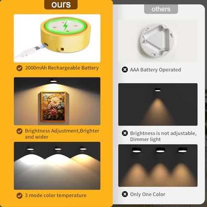 3 Pack Picture Lights for Wall, Rechargeable Battery Operated wall lights, Picture Frame lights with 3 Lighting Modes, Wireless Magnetic Painting Light with Remote Control Timer (Golden, 3 Pack) - color: Golden, size: 3 Pack