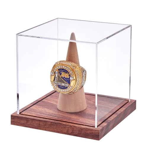 LITY Championship Ring Display Case, No Assembly Required Clear Acrylic Single Ring Holder with Wooden Stand Base for Sports Baseball Fan UV Protection(1 Pack) - size: 1 Pack Ring