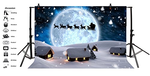 7x5ft Moon Night Winter Backdrops for Photography Fantasy Santa's Sleigh Ride Snowing Wonderland Fairy Tale Small Village Christmas Background Happy New Year Photo Booth Props