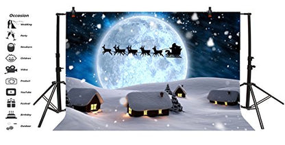 7x5ft Moon Night Winter Backdrops for Photography Fantasy Santa's Sleigh Ride Snowing Wonderland Fairy Tale Small Village Christmas Background Happy New Year Photo Booth Props