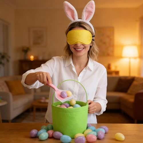 4 Set Easter Outdoor Party Games Easter Eggs Scoop Challenge Bucket for Family with 4 Bucket 4 Scoop 4 Eye Mask and 50 Easter Egg Bucket Blind Egg Challenge for Holiday Party