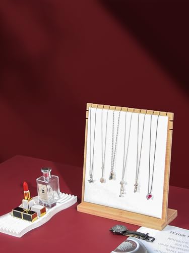 Bamboo Necklace Display Stand, Wood Jewellery Necklace Holder, Chain Jewelry Rack Organizer, Tabletop Display Boards for Home or Shop Sell Show (White PU) - color: White PU, size: Medium Size(10.8"X11.8")