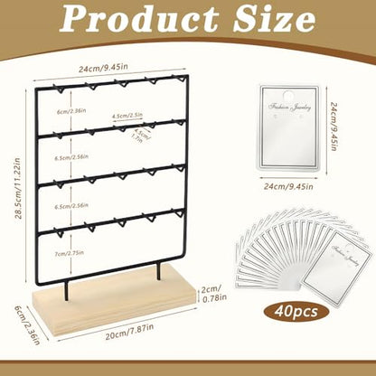 Earring Display Stand for Selling, Wood Earring Rack Display Holder Stand, 4 Tier 20 Hooks Jewelry Display for Selling with 40pcs Earring Cards, Bracelets, Rings, Necklaces - color: Black