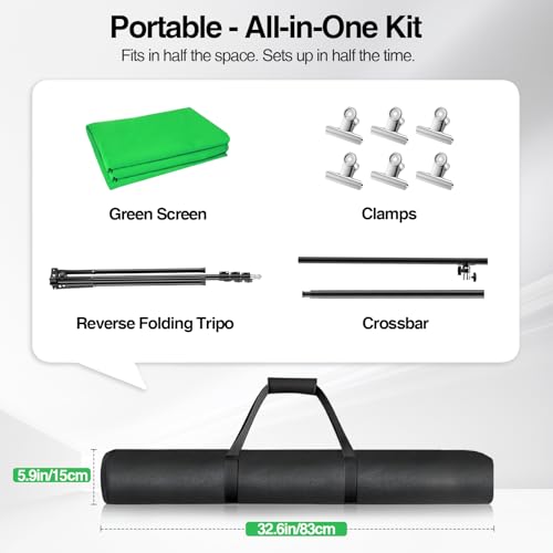 5x10ft Green Screen Backdrop Kit with Stand, Portable Greenscreen Background Includes Foldable T-Stand, 6 Clips and Carry Bag for Streaming, Gaming, Meeting, Video Production, Photography - size: 5x10ft