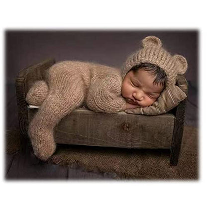 Zeroest Newborn Boy Photoshoot Outfits and Props Bear Bonnet with Footed Romper Infant Baby Photography Crochet Knitted Set - color: Khaki