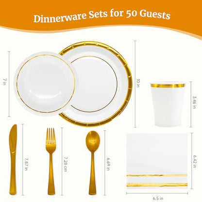 AIRE 350PCS White Gold Paper Plates Party Supplies Dinnerware Sets for 50 Guests, Disposable Paper Party Plates Napkins, Gold Plastic Forks Knives Spoons Cups for Wedding Birthday BBQ Parties - color: 350pcs White Gold