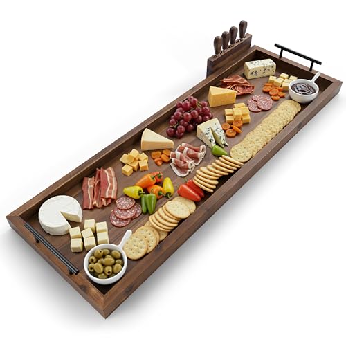TIDITA Acacia Large Charcuterie Boards for Party with Cheese Knife Set of 4 – Acacia Wood Serving Tray with Handles, Long Charcuterie Board, Wooden Cheese Board (Walnut Color, 36 Inch) - color: Walnut Color, size: 36" x 12" x 1.5"