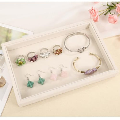 9" x 5.7" Velvet Jewelry Tray Jewelry Display Tray, Stackable Empty Plate Trays for Earrings Necklaces Bracelet Rings Display Showcase - Light Khaki - color: Light Khaki, size: Flat Tray 9"x5.7"