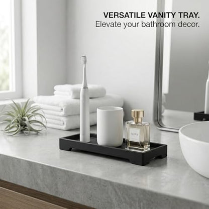 Countertop Vanity Tray - Silicone Bathroom Sink Organizer & Kitchen Soap Tray, Footed Anti-Slip Design, Waterproof Caddy for Perfume, Jewelry, Makeup, Bottle, Oil, Sponge Holder, Black (L10 x W 4.2") - color: Black