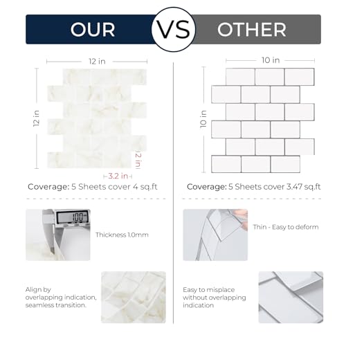 FunStick Marble Subway Tile Peel and Stick Backsplash for Kitchen 12"x12" White Gold Stick on Back Splashes for Kitchens Peel and Stick Wall Tiles for Bathroom Shower Tile Stickers Waterproof 5 Sheets - color: White, size: Box of 5 Tiles
