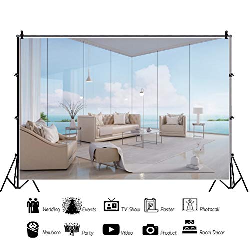 Yeele 10x8ft Modern Luxury Sea View Living Room Backdrop Beach Window House with Business Office Interior Photography Background Home Design New Lifestyle Photo Studio Props