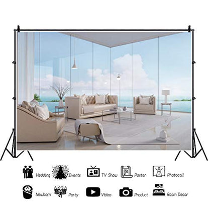 Yeele 10x8ft Modern Luxury Sea View Living Room Backdrop Beach Window House with Business Office Interior Photography Background Home Design New Lifestyle Photo Studio Props