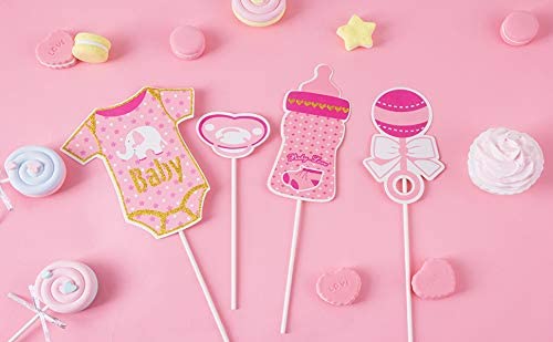 SUNBEAUTY 20 Pcs Girl Baby Shower Photo Booth Props Pink and Gold Lovely Photobooth Props with Sticks for Baby Shower Accessories Newborn Girl Gift Party Supplies - color: Girl