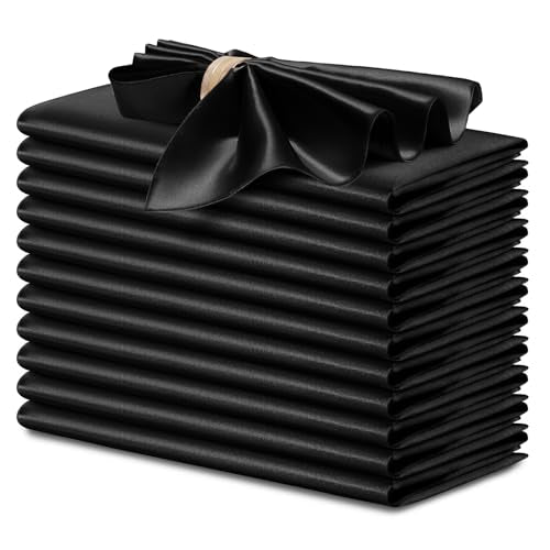 P Pothuiny 12 Pcs Black Satin Napkins 17 x 17 Inches, Square Smooth Wedding Dinner Napkins Silky Satin Cloth Napkins Table Napkins for Banquet Party Restaurant Decor, Thanksgiving, Christmas - color: Black