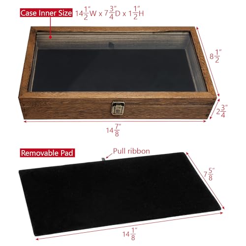MOOCA Glass Top Wooden Jewelry Display Case with Removable Black Luxurious Velvet Jewelry Display Pad, Deeper 2.75-Inch Design for Taller Collectibles, Brown Color - color: 9A) Brown, 2.75 Inch High