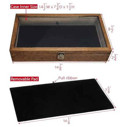 MOOCA Glass Top Wooden Jewelry Display Case with Removable Black Luxurious Velvet Jewelry Display Pad, Deeper 2.75-Inch Design for Taller Collectibles, Brown Color - color: 9A) Brown, 2.75 Inch High