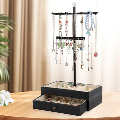 Meangood Jewelry Organizer Stand, 3-Tier Necklace Holder Jewelry Tree with Wooden Storage Drawer Box for Necklace Bracelet Earring Ring,Black - color: Dark Black