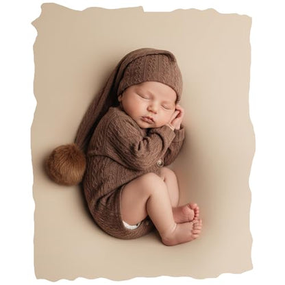 Newborn Photography Props, Infant Photoshoot Outfit Romper & Pom Pom Hat for Baby Boys Girls - color: Coffee
