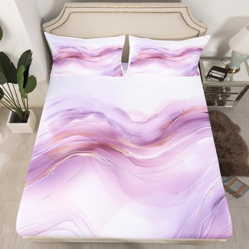 Erosebridal Glitter Purple Marble Fitted Sheet Queen, Lavender Marbling Bed Sheets for Boys Girls Watercolor Tie Dye Marbling Bed Set Minimalist Wind Marble Texture Sheets with 2 Pillowcases - color: Pale Purple, size: Queen(No Top Sheet)