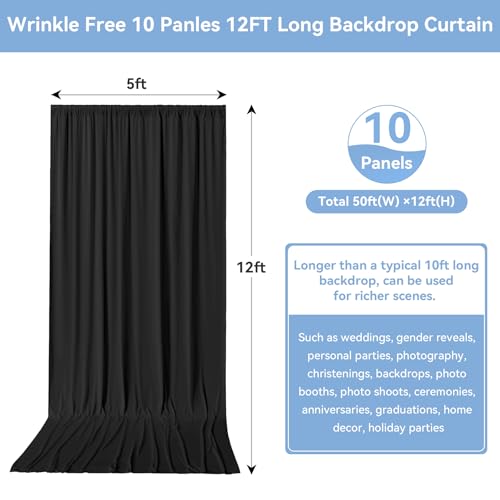 50ftx12ft Black Wrinkle-Free Wedding Backdrop Curtain -Silky Washable Black Polyester Drapes for Baby Showers, Birthday Parties, Photography, and Wedding Receptions-10 Panels 5FTx12FT - color: black, size: W5' x H12'(10 panels)