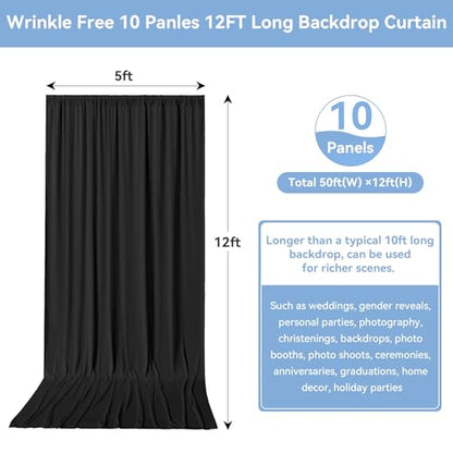 50ftx12ft Black Wrinkle-Free Wedding Backdrop Curtain -Silky Washable Black Polyester Drapes for Baby Showers, Birthday Parties, Photography, and Wedding Receptions-10 Panels 5FTx12FT - color: black, size: W5' x H12'(10 panels)