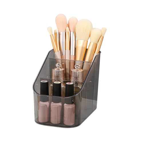 DASITON 3 Slots Makeup Brush Holder, Acrylic Make Up Brush Holder Organizer for Vanity, Bathroom Countertop, Small Makeup Organizer Brush Cup Cosmetic Brushes Storage, Pen Holder for Desk (Grey S) - color: Grey, size: S
