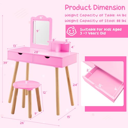 Costzon Kids Vanity Set, Girls Vanity Set with Mirror and Stool, 2 Large Drawers, Storage Shelf, Wooden Princess Makeup Dressing Table, Vanity Table and Chair Set for Toddlers (Pink) - style: Pink with Square Mirror