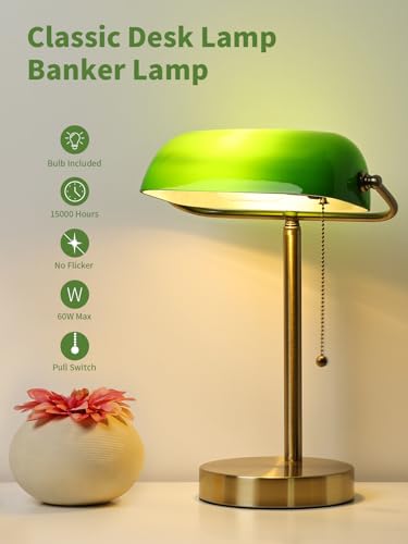 Traditional Green Glass Bankers Desk Lamp with Pull Chain Switch Plug in Fixture,LED Bulb Included - color: Green