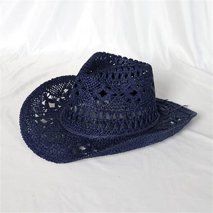 Straw Cowboy Hats Ventilated Hollow Round Foldable Sun Hats for Women Summer Western Cowgirl Beach Hat Photo Prop - color: Navy Blue