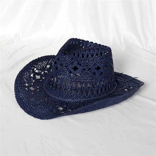 Straw Cowboy Hats Ventilated Hollow Round Foldable Sun Hats for Women Summer Western Cowgirl Beach Hat Photo Prop - color: Navy Blue