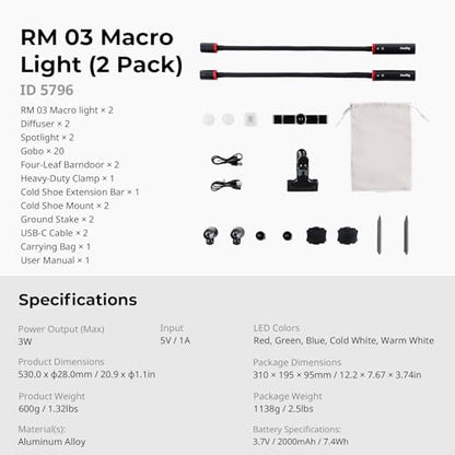 SmallRig RM 03 Macro Photography LED Light - 2 Pack, Adjustable Beam Angle, 5 Colors CRI95 TLCI92, Bendy Light with Cold Shoe Extension Bar, Clamp, Diffuser, Spotlight, Barndoor, Gobos, Stake - 5796 - color: RGB (2 Pack)