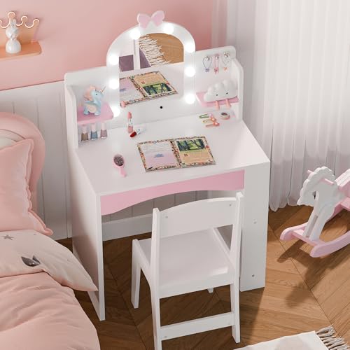 MU Kids Vanity with Lights, Princess Makeup Vanity Table and Chair Set for Girls, Toddler Vanity Desk with Open Bookshelf, Storage Cabinet & Shelves, Stools, White - color: White