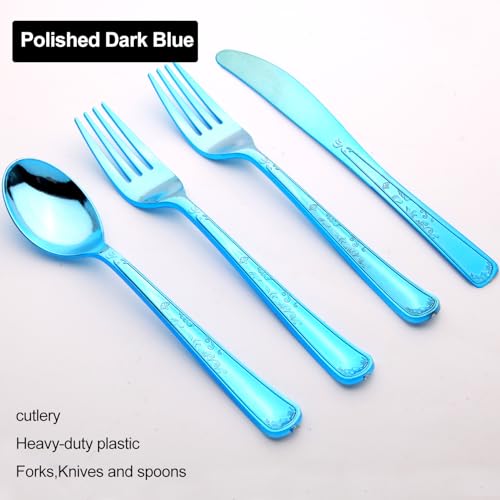 180 Pack Disposable Deep Blue Plastic Silverware Contain 60 Forks,60 Spoons,60 Knives, Solid and Durable Plastic Cutlery Utensils Set Perfect for Parties,weddings. - color: Deep Blue