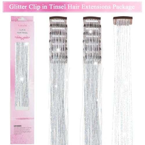 Hair Tinsel Clip in 12 Pcs Glitter Tinsel Hair Extensions 20 Inch Fairy Hair Clip in Hair Tinsel Heat Resistant Sparkly Silver Hair Accessories for Girls Women Kids (Silver) - color: Silver