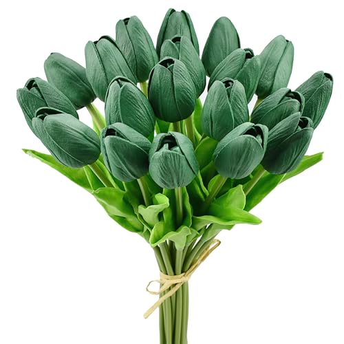 Mandy's Dark Green Artificial Tulips Flowers Centerpiece, 13.5" Lifelike PU Fake Floral Stems 20pcs for Kitchen Island & Dining Table, Spring Decor for Easter - color: Dark Green