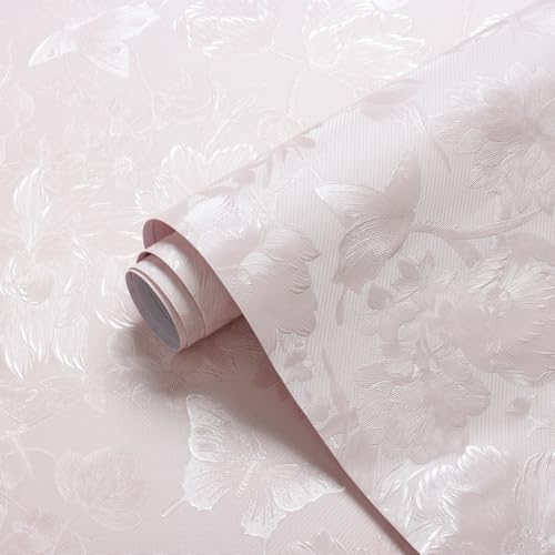 Erfoni 197"x15.7" Pink Peel and Stick Wallpaper Flower Embossed Wallpaper Modern Solid Pink Self Adhesive Floral Textured Removable Contact Paper Light Floral Wall Paper Decoration DIY for Livingroom - color: Pink, size: 15.7" x 197"