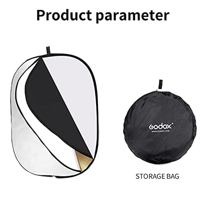 Godox 40"x60"/100x150cm Collapsible Photography Light Reflector, 5-in-1 Oval Multi Disc Diffuser with Carrying Bag - Gold, Silver, Black, White, Translucent for Studio Outdoor Lighting - size: 40"x60"/100x150cm