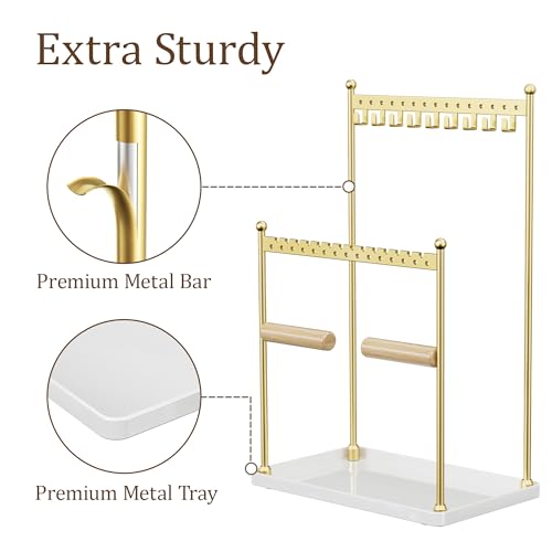3 Tier Gold Jewelry Stand, Necklace Organizer, Earring Holder with 44 Holes and 9 Hooks, for Necklaces, Bracelets, Rings - color: Gold