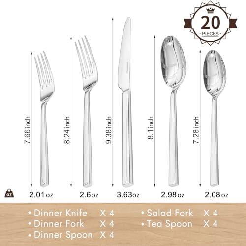 KINGSTONE Silverware Set, 20-Piece Flatware Cutlery Set Premium Stainless Steel, Service for 4, for Kitchen, Home, Wedding, Party, Mirror Polished and Dishwasher Safe - size: 20-piece