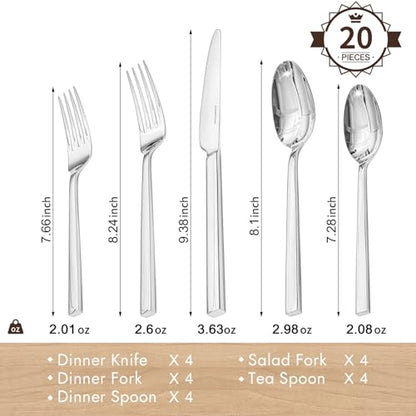 KINGSTONE Silverware Set, 20-Piece Flatware Cutlery Set Premium Stainless Steel, Service for 4, for Kitchen, Home, Wedding, Party, Mirror Polished and Dishwasher Safe - size: 20-piece