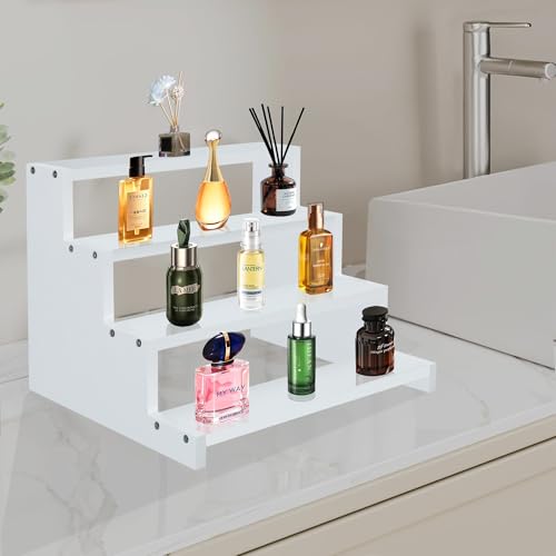 4 Tier White Wooden Display Stand Step Shelf Organizer for Perfume Skincare Desserts Cupcakes and Cosmetics Rustic Tiered Riser for Vanity Countertop Parties - color: White, size: 9inch