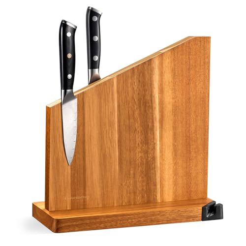 Gourmetop Magnetic Knife Holder with Built-in Sharpener, 100% Acacia Wood Magnetic Knife Block without Knives, Strong Double-Sided Magnetic Knife Holder for Kitchen Countertop Organization, Light Wood - color: Light Wood