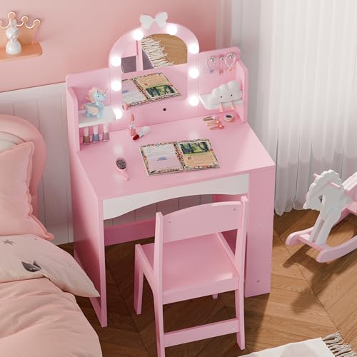 MU Kids Vanity with Lights, Princess Makeup Vanity Table and Chair Set for Girls, Toddler Vanity Desk with Open Bookshelf, Storage Cabinet & Shelves, Stools, Pink - color: Pink