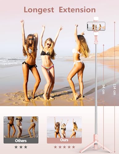 Selfie Stick with Light, 45'' Selfie Stick Tripod with Wireless Remote, Portable Travel Phone Tripod Compatible with iPhone 15 Pro Max/15/14 Pro/14/13, Samsung S22/ S23 Ultra/Android Smartphone (Pink) - color: Pink - 45" Standard Height