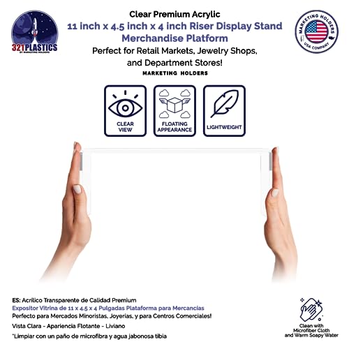 Marketing Holders 4 Pack Clear Acrylic Riser Display Stand 11 Wide x 4.5 Deep Merchandising Showcase One Piece Fixture Retail Stores and Boutiques Throne Small Figurines and Products Platform - size: 11"W x 4.5"D x 4"H
