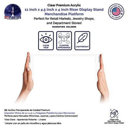 Marketing Holders 4 Pack Clear Acrylic Riser Display Stand 11 Wide x 4.5 Deep Merchandising Showcase One Piece Fixture Retail Stores and Boutiques Throne Small Figurines and Products Platform - size: 11"W x 4.5"D x 4"H