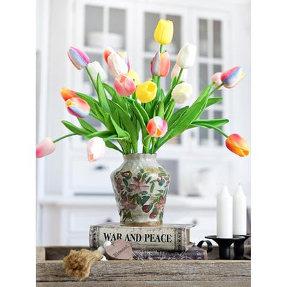 FiveSeasonStuff Real Touch Rainbow Tulips Bouquet, 15 Multicolor Artificial Stems with Soft PU Petals - color: Pastel Rainbow