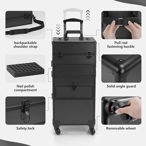 Somduy 4 in 1 Rolling Makeup Case on Wheels with Drawer and Professional Cosmetic Organizers for Salon Barber - Bright Black - color: Bright Black